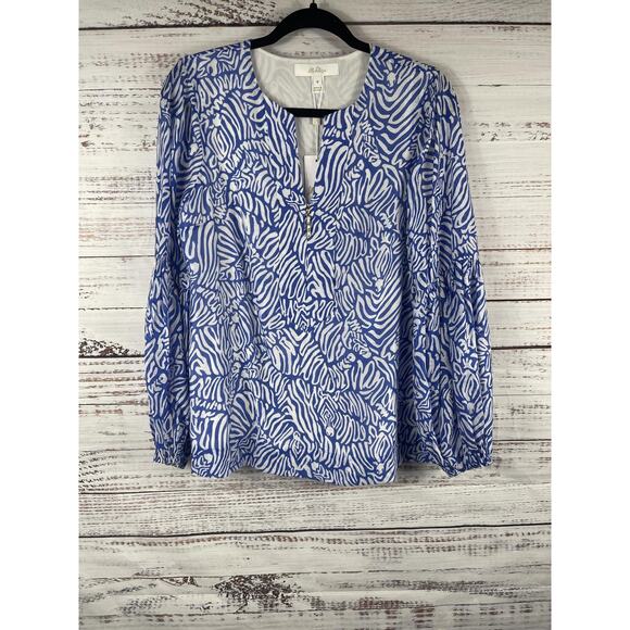 Lilly Pulitzer Laurilee Blouse Womens 6 Blue Animal Print Long Sleeve Zip Top - Picture 6 of 10